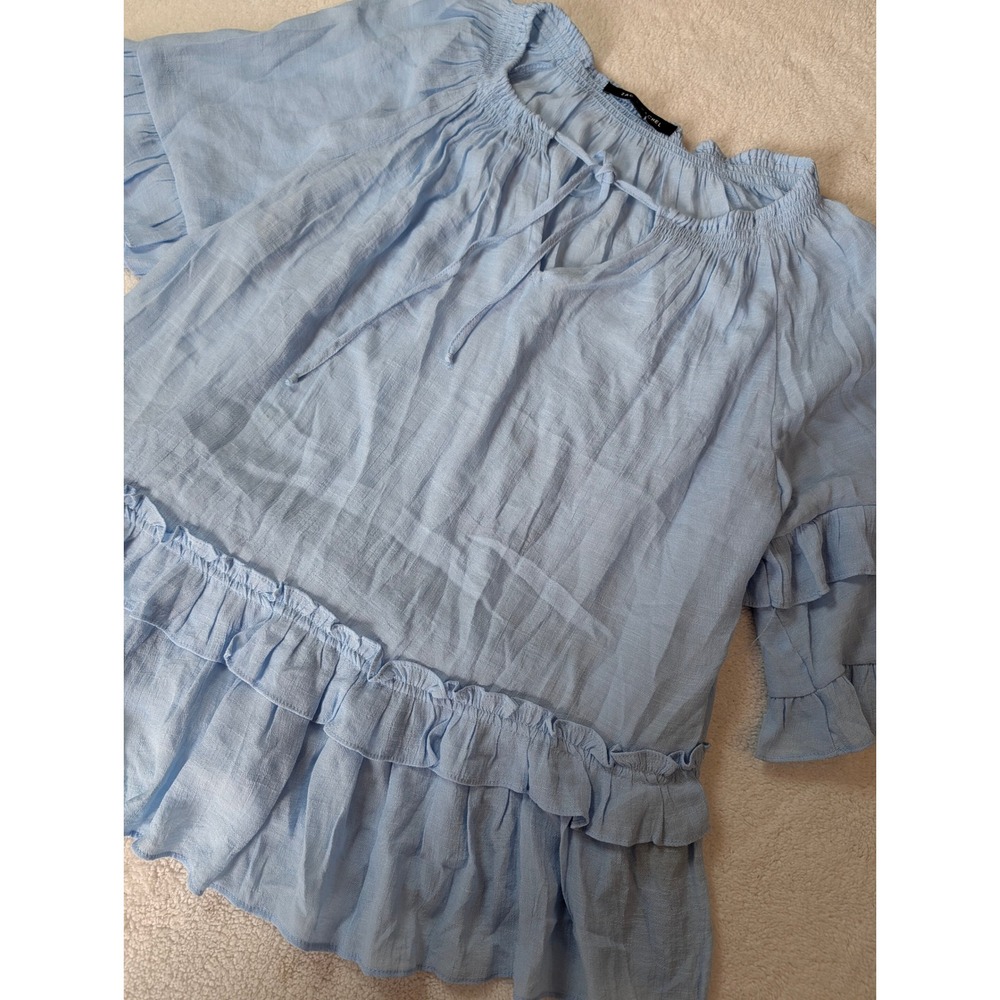 Zac & Rachel Light Blue Ruffle Tiered Peasant Blouse Smocked Tie Neck Large